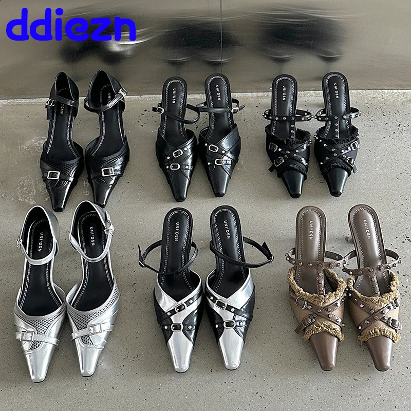 New sexy T-shaped strap womens high heels womens slider angle toe mule rivet womens thin high heels shoes 240925