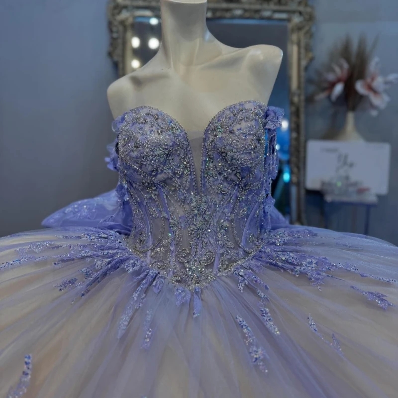 Lavender Quinceanera Dresses Ball Gown Off The Shoulder Sequin Appliques Crystal Beading Tull Champagne Lining Sweet Vestidos De 15 Anos