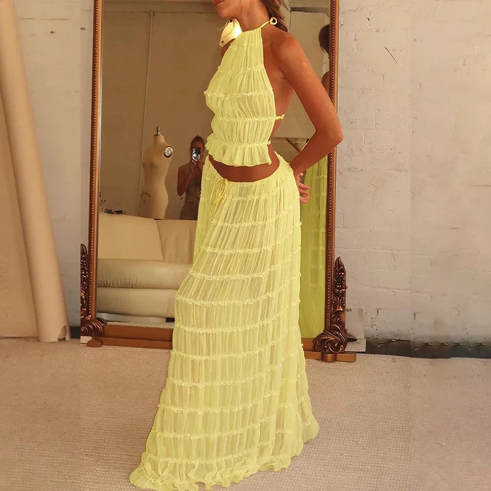 2024 Summer Party Elegant Women Beach Skirt Suit Sleeveless Backless Cropped Halter Lace Up Tops And Long Skirts Two Piece Sets 240927