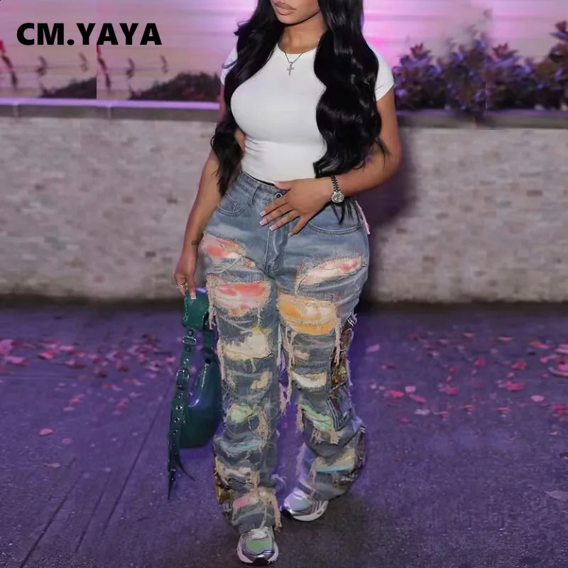 CM. YAYA Street Jeans Womens Eye Patch Work High Waist Zipper Flying Jeans 2024 Tear Trouser Street Tight High Waist Pants 240927