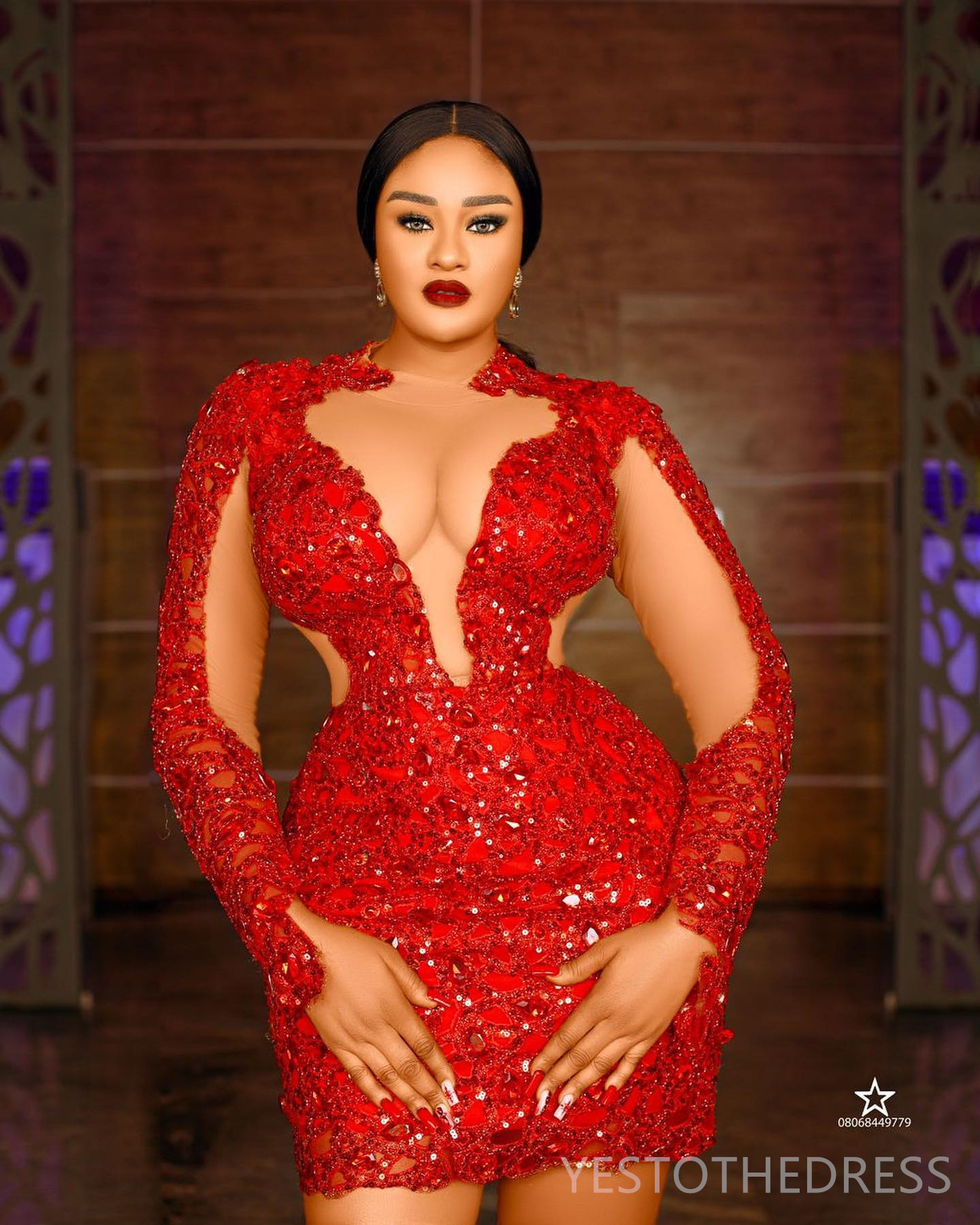 2024 Plus Size Red Cocktail Dresses For Women Short Prom Dresses Mini Dresses Illusion Sheer Neck Long Sleeves Beaded Lace Birthday Dresses For Specia
