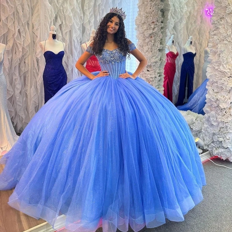 Blue Shiny Princess Quinceanera Dresses Beaded Crystal Tull Ball Gown 16th Birthday Gowns Sweet 16 Dress Vestidos De 15 Anos