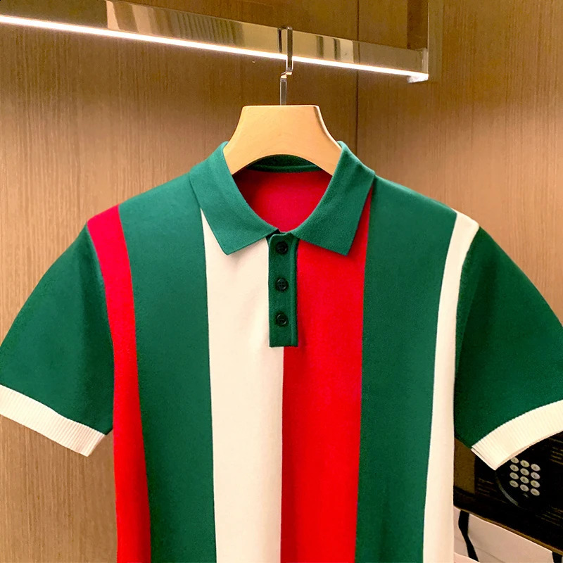 2024 Summer Mens Fashion Stripe Patchwork Polo Shirts Male Knit Casual Tops Tees Men Fashion Button Short Sleeve Polos Z18 240927