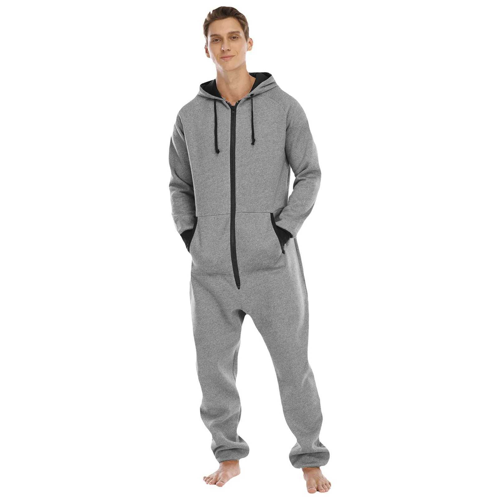 Mens long sleeved pajamas zipper V-neck solid color hoodie mens autumn and winter casual pants 1-piece jumpsuit W240926