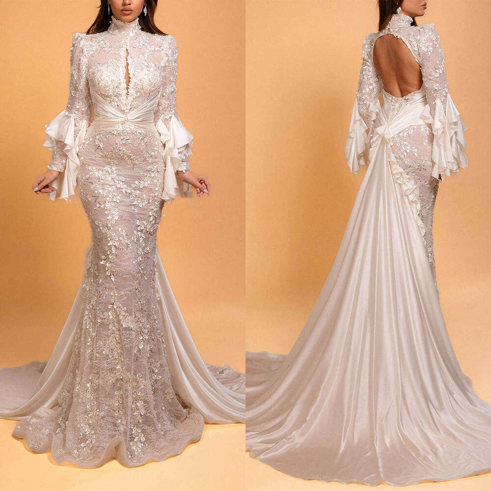 Dresses Mermaid High Collar Appliques Sequined Backless Or-Length Princess Bride Wedding Dress Custom Made 0228Lz