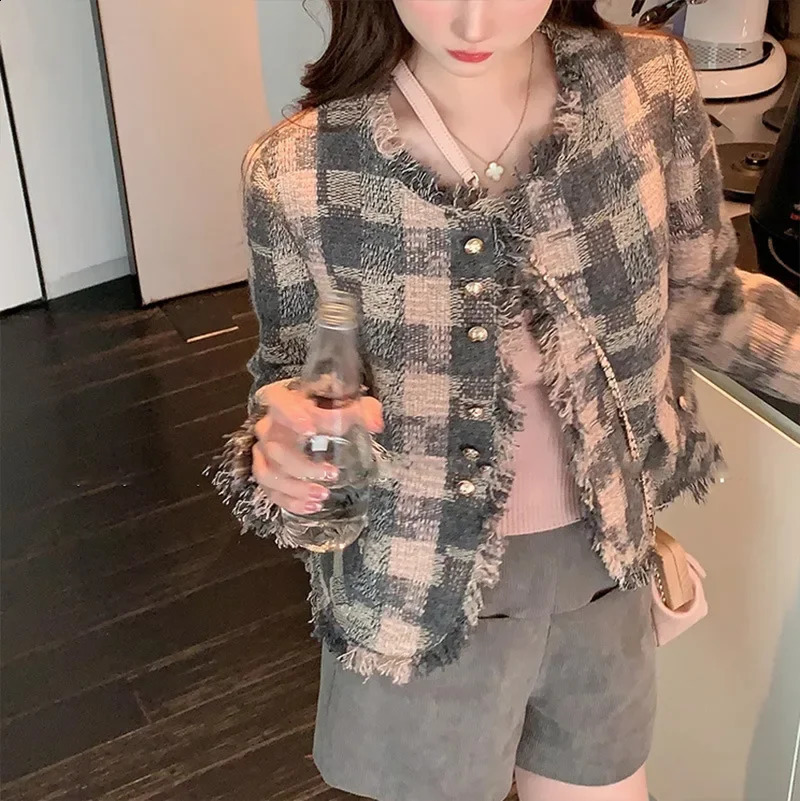 Yqgfs Crimson Romantic Coarse Felt Style Jacket Loose Fit Casual Top Womens Grey Plaid N Staff Collar