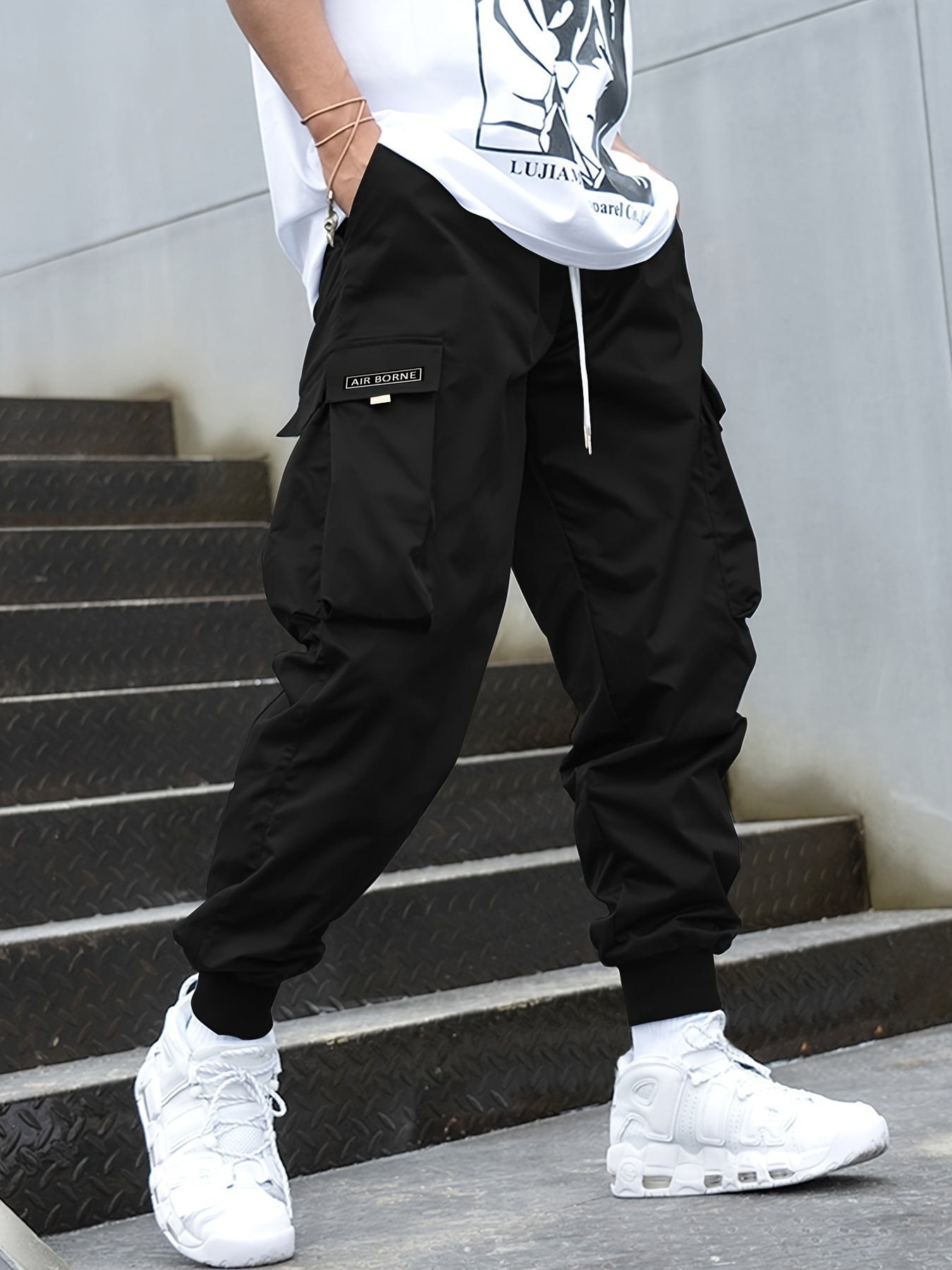 Men Cargo Pants Multi Pockets Elastic Waist Drawstring Men Pants Loose Deep Crotch Hip Hop Streetwear Casual Trousers
