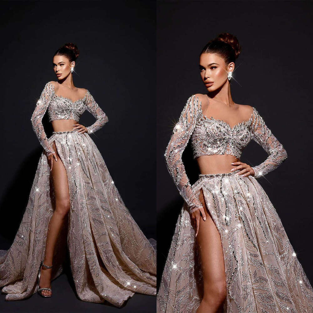 Dresses Wedding A E Crystal Sequined Split Show Waist Long Sleeve Princess Bridal Gown Vestido De Novia Custom Made