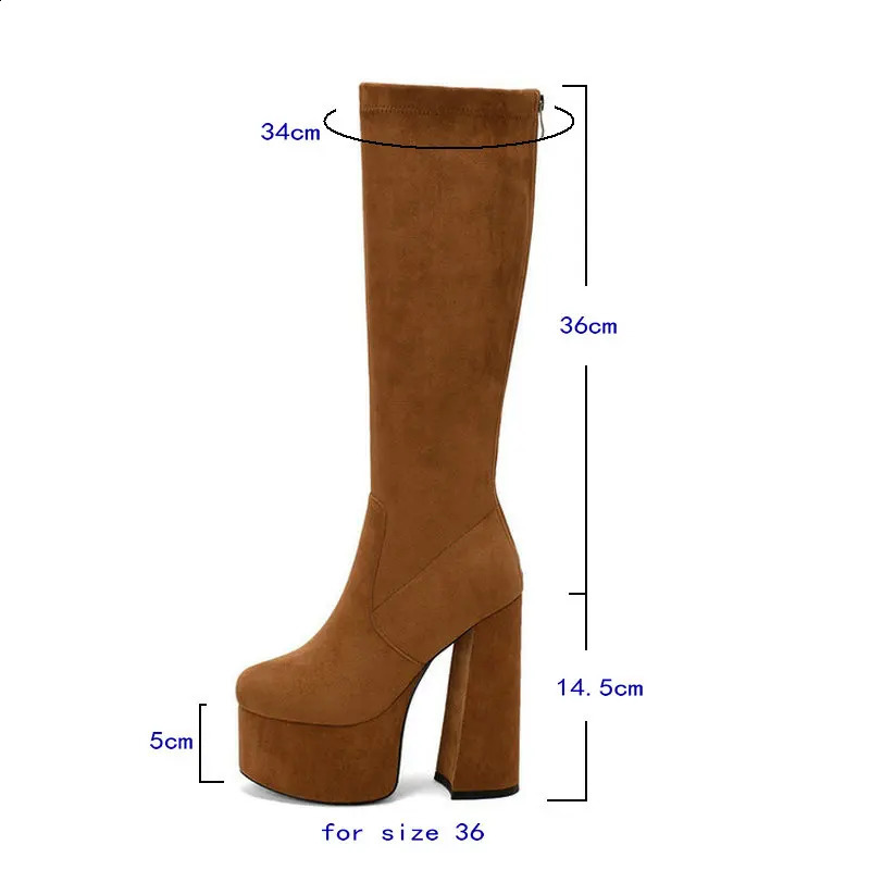 Plus Size 43 Platform Square High Heels Womens Knee High Boots Artificial Suede High Quality Round Toe Dress Womens Boots Black Brown 240926