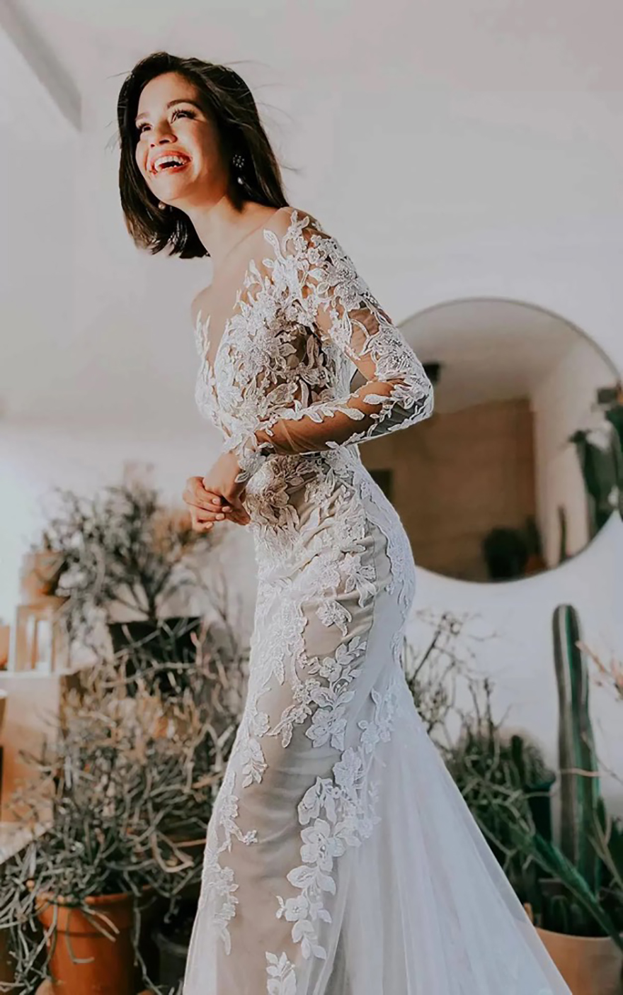 Boho Long Sleeves Mermaid Wedding Dresses Backless Bridal Gown Lace Applique Sweep Train Custom Made Beach Garden Plus Size vestido d