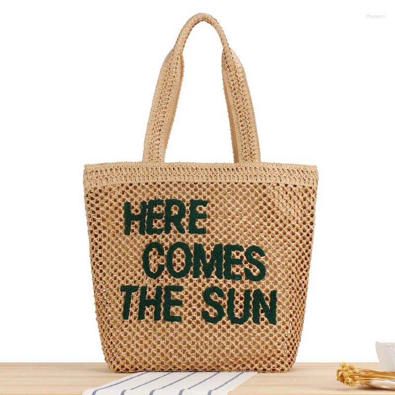 Drawstring Summer Crochet Women Large Capacity Straw Braid Shoulder Portable Beach Letter Handwoven Handbags Casual Bags