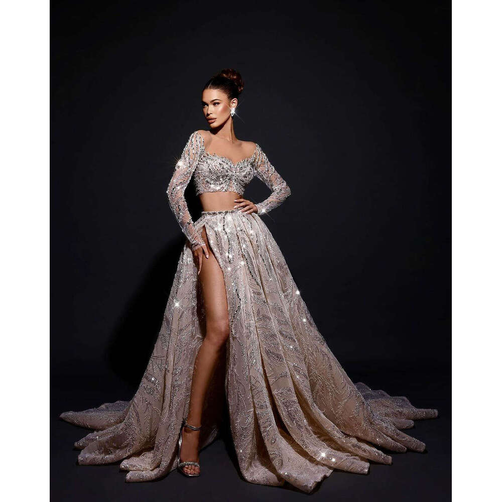 Dresses Wedding A E Crystal Sequined Split Show Waist Long Sleeve Princess Bridal Gown Vestido De Novia Custom Made