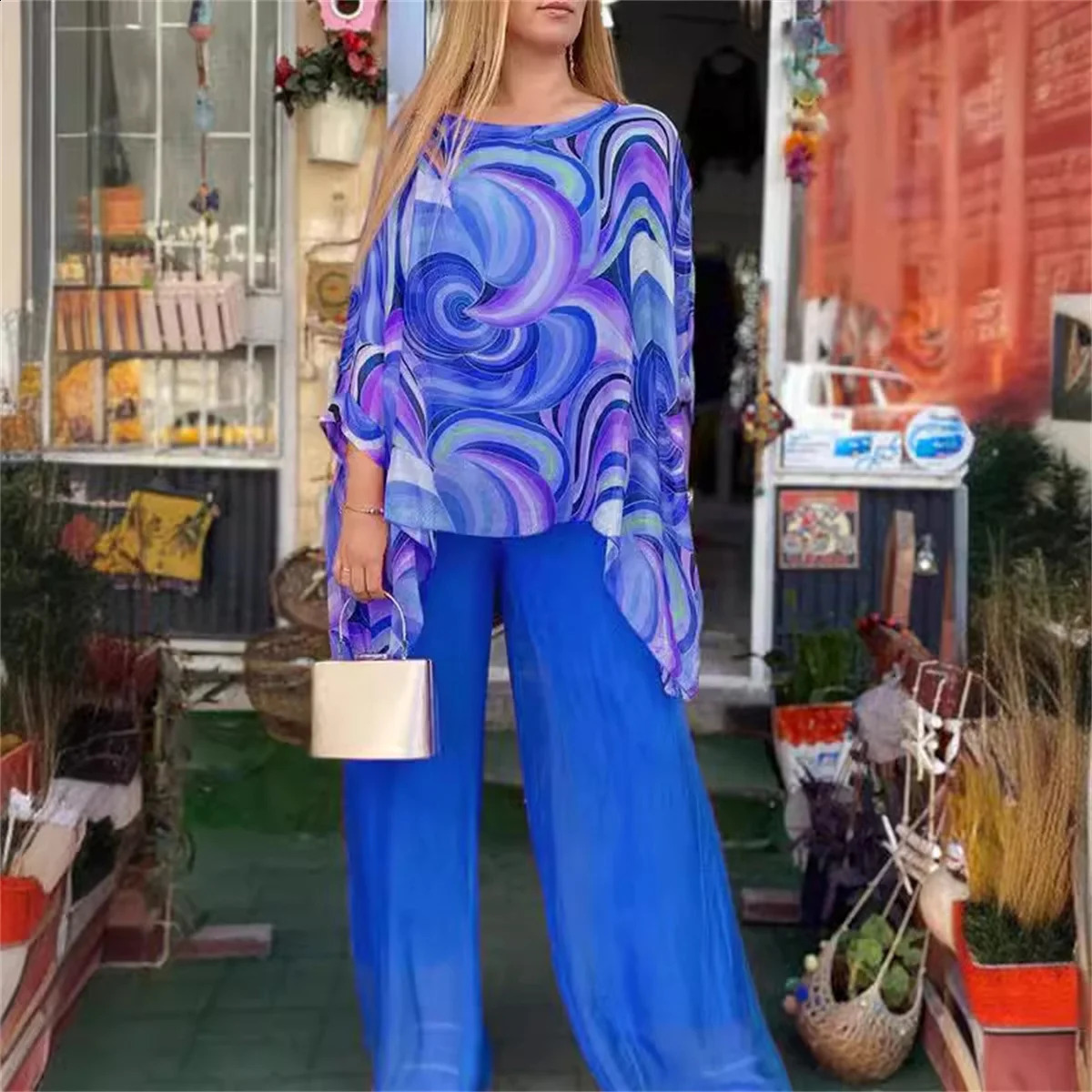 Summer Print Colorful Chiffon Set Two Piece Suit Round Neck Bat Sleeves Irregular Top Wide Leg Pants Casual 2 240927