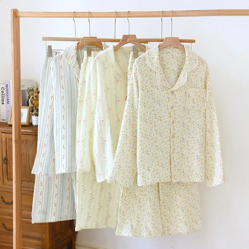 100% cotton Gauze womens sleepwear spring and autumn 2piece evening gown casual wear 240926
