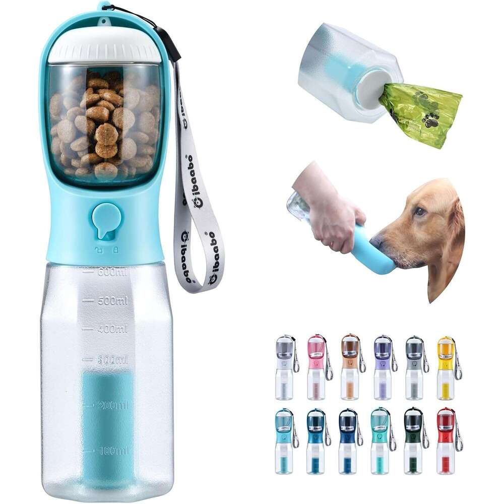 Cibaabo Dog Water Bottle with Food Container & Poop Bag Holder, Travel Water Bowl, Portable Pet Dispenser, Dog Stuff Accessories Items, Puppy Essentia