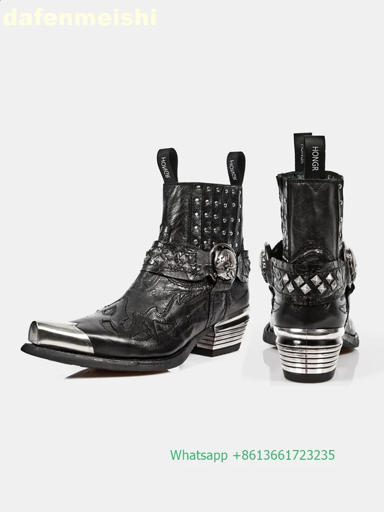 Metal square toe thick boots with rivet buckle black Leath Western cowboy for menwomen height increasing 241028