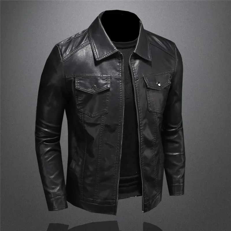 Mens Motorcycle Leather Jacket Large Size Pocket Black Zipper Lapel Slim Fit Male Spring and Autumn High Quality Pu Coat M5Xl W251023