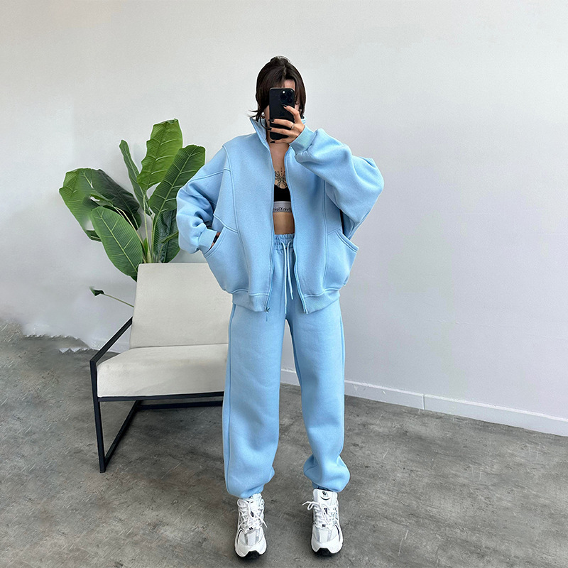 dongdumaoyi Women s clothing autumn new fashion zipper pocket hoodie loose sweatpants casual set F0927#78