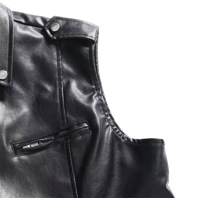 PU Men Vest Waistcoat Jacket Turn-Down Vests Sleeveless Leather Clothes Male Clothing 240912