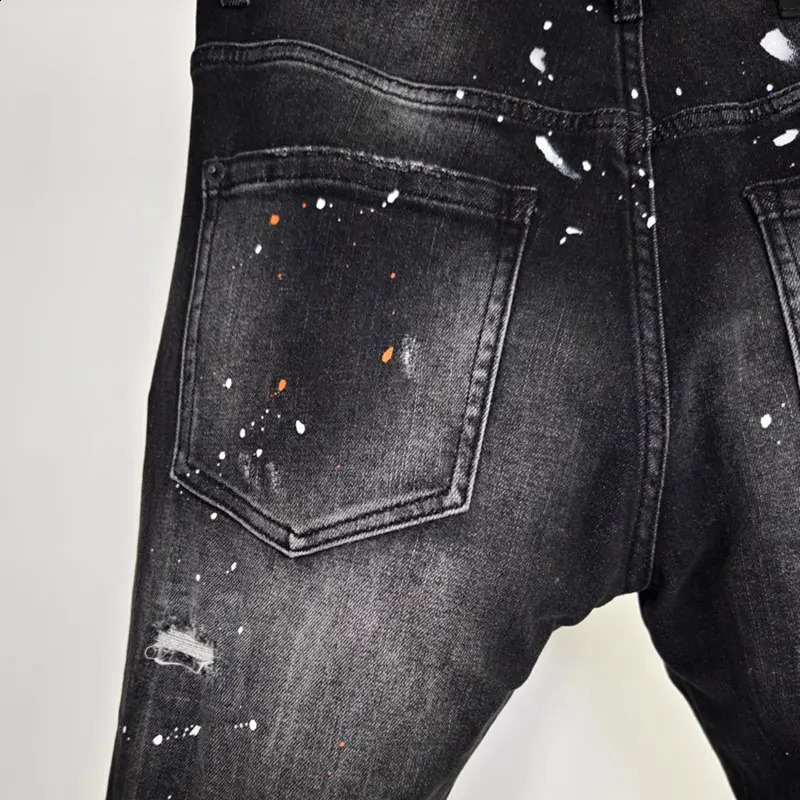 Street fashion mens jeans high-quality retro black gray elastic slim fit open top jeans mens er hip-hop jeans 240927