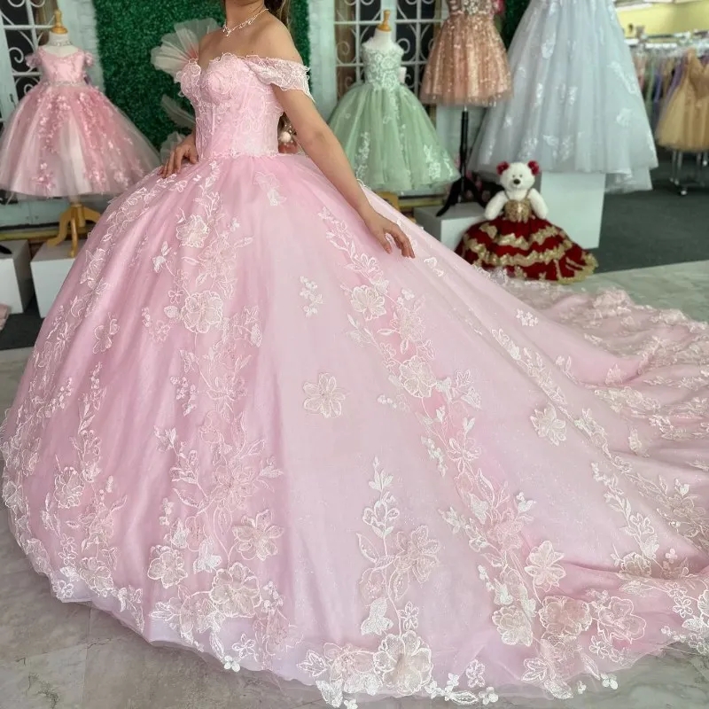 Pink Shiny Quinceanera Dresses Ball Gown Off The Shoulder Lace Appliques Tull Birthday Party Sweet 16 Dress Vestidos De 15 Anos