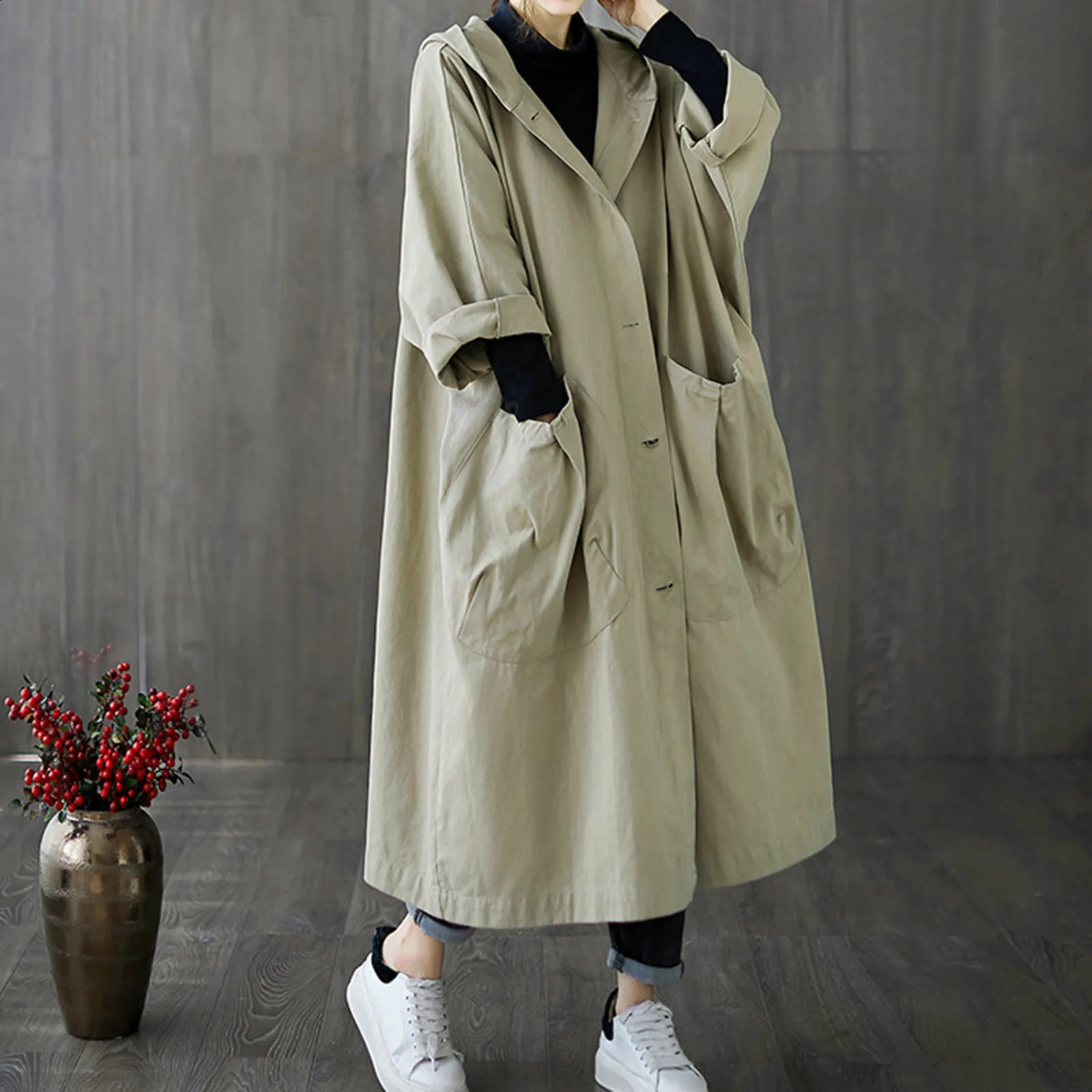 khaki long trench coat womens long displacement single displacement trench coat autumn elegant Midi length coat 240927