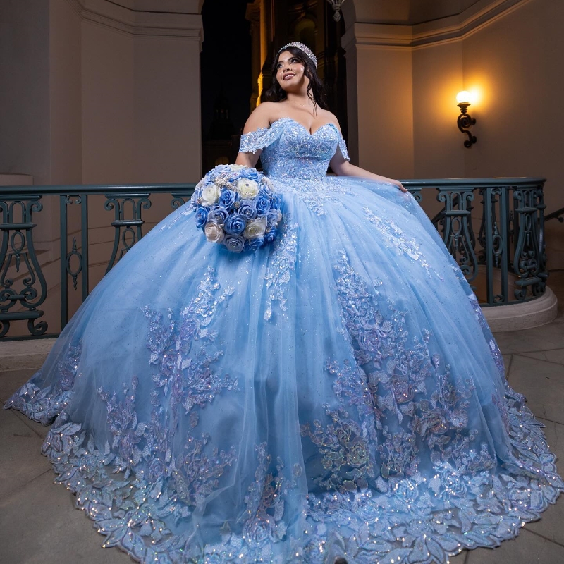 Quinceanera Dresses Off The Shoulder Lace Appliques Crystals Beading Bow Tull Ball Gown Sweet 16 Dress Vestidos De 15 Anos