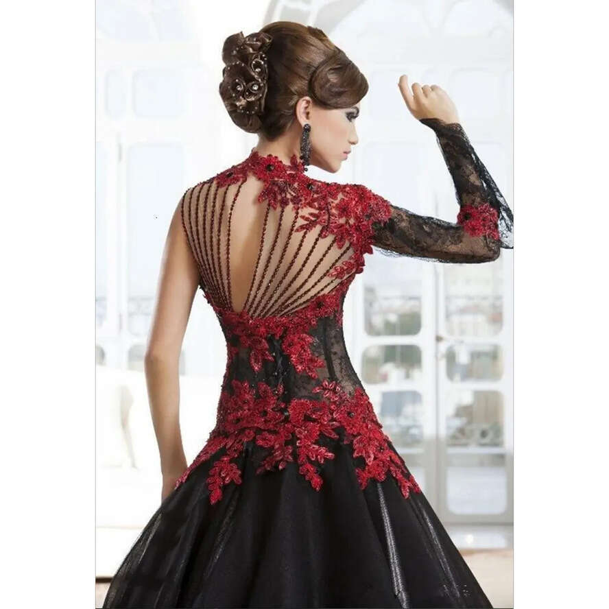 Neck Masquerade Victorian High Red And Black A-E Lace Appliques Gothic Bridal Dresses Beading Back Wedding Gowns