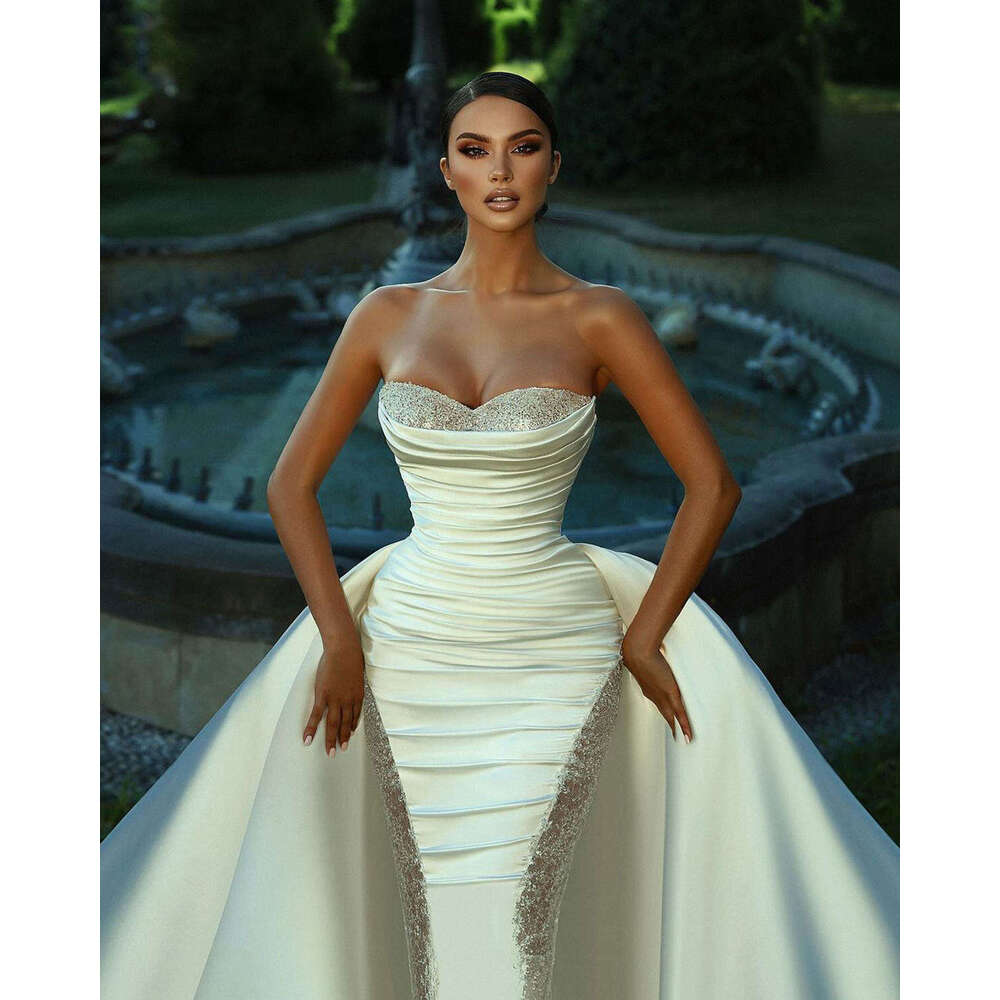 Gorgeous Wedding Dresses Mermaid Strapless Sequins Lace Pleat Detachable Train Princess Bride Dress Vestido De Novia Custom Made 0228Lz