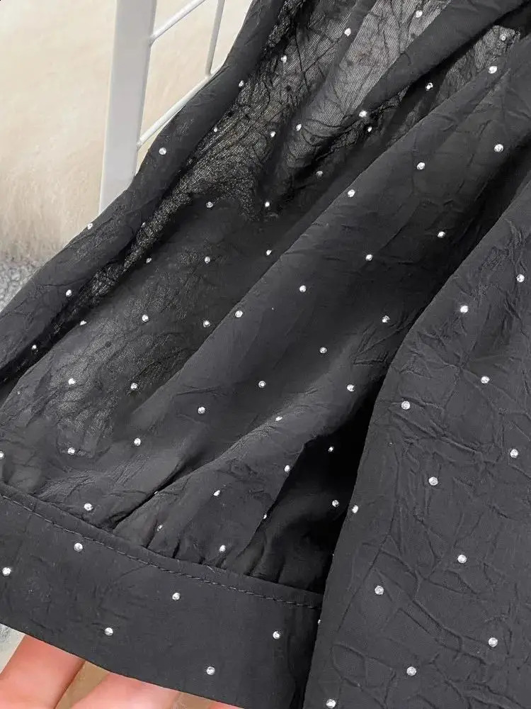 Elegant Drill Black Two Piece Set Women Short Puff Sleeve Dot See Through Chiffon Blouse Shirt Belt Long Split Skirt Suits 240927