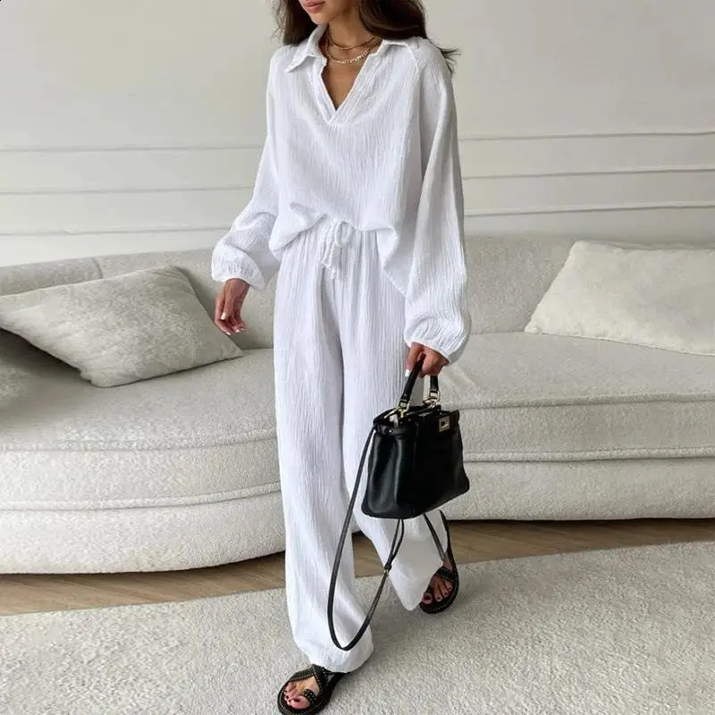 Casual long sleeved top and pants set for women fashion V-neck shirt wide leg pants two-piece set elegant womens clothing 240927