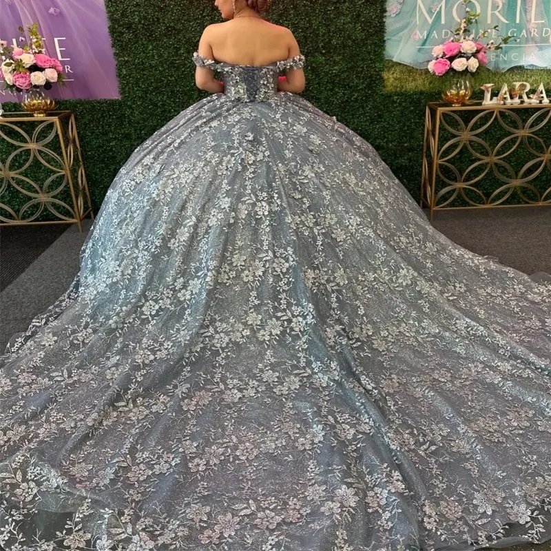 Luxury Silvery Sparkly Quinceanera Dresses Sequin Appliques Lace Beaded Ball Gown Sweet 16 Dress Party Birthday Wear Vestido De 15 Anos