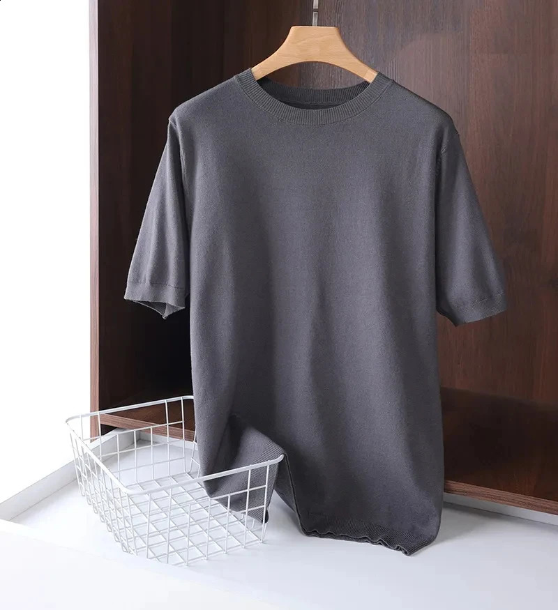 Superfine Merino Wool T Shirt Mens Knitted O-neck Breathable Thin Cashmer Short Sleeve Tee Solid Color Tops 240927