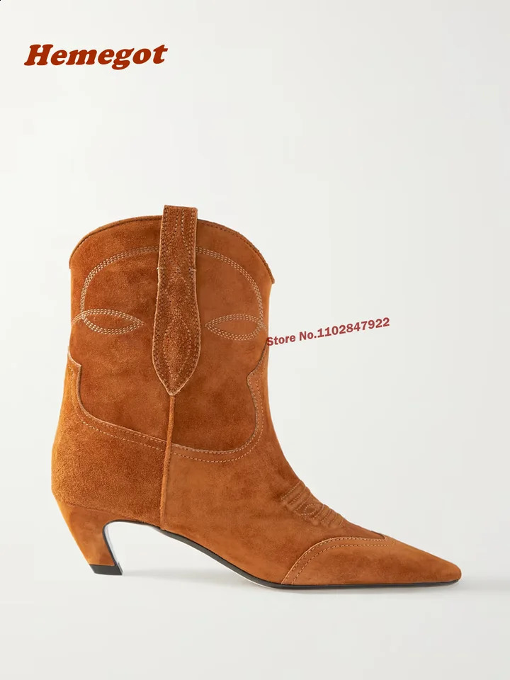 Embroidered suede cowboy boots with mid calf toes for women casual dark brown latest fashion winter 2024 plus size shoes 240930