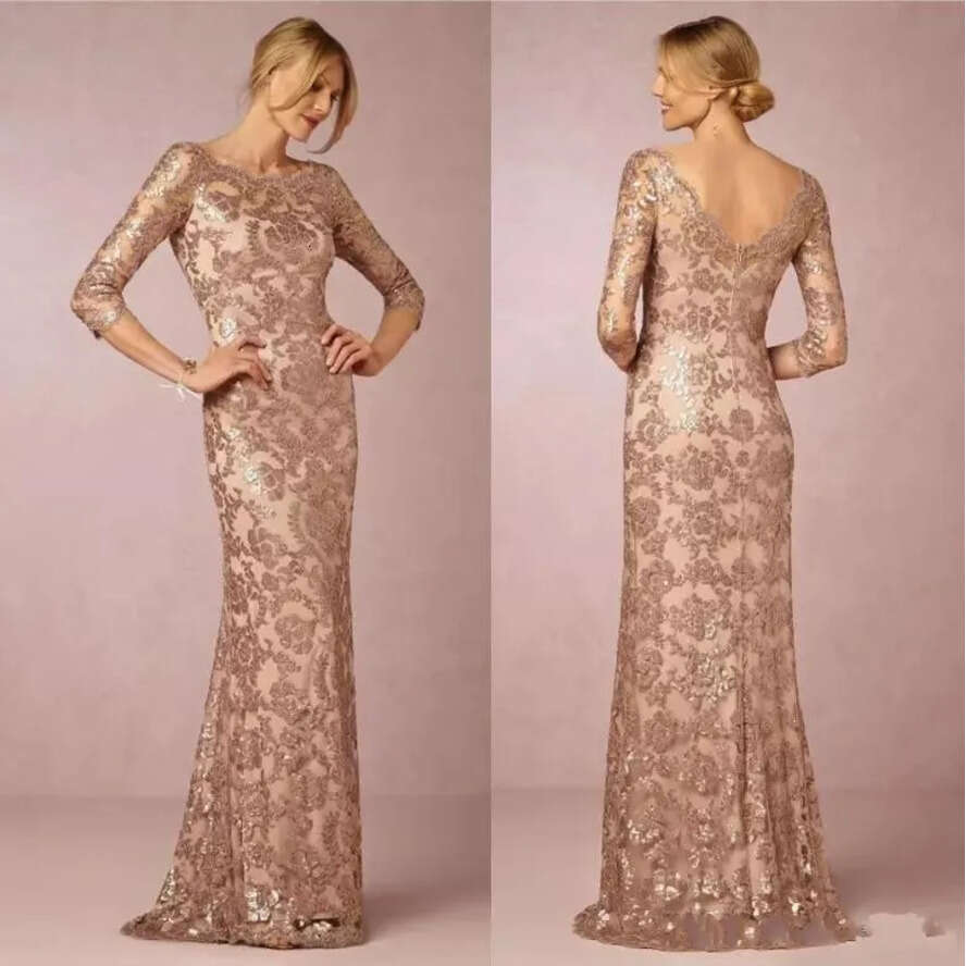 Gold Bg New Rose Sequined Mother Of The Bride Dresses Jewel Lace Appliques V Back Evening Party Dress Formal Wedding Guest Gowns