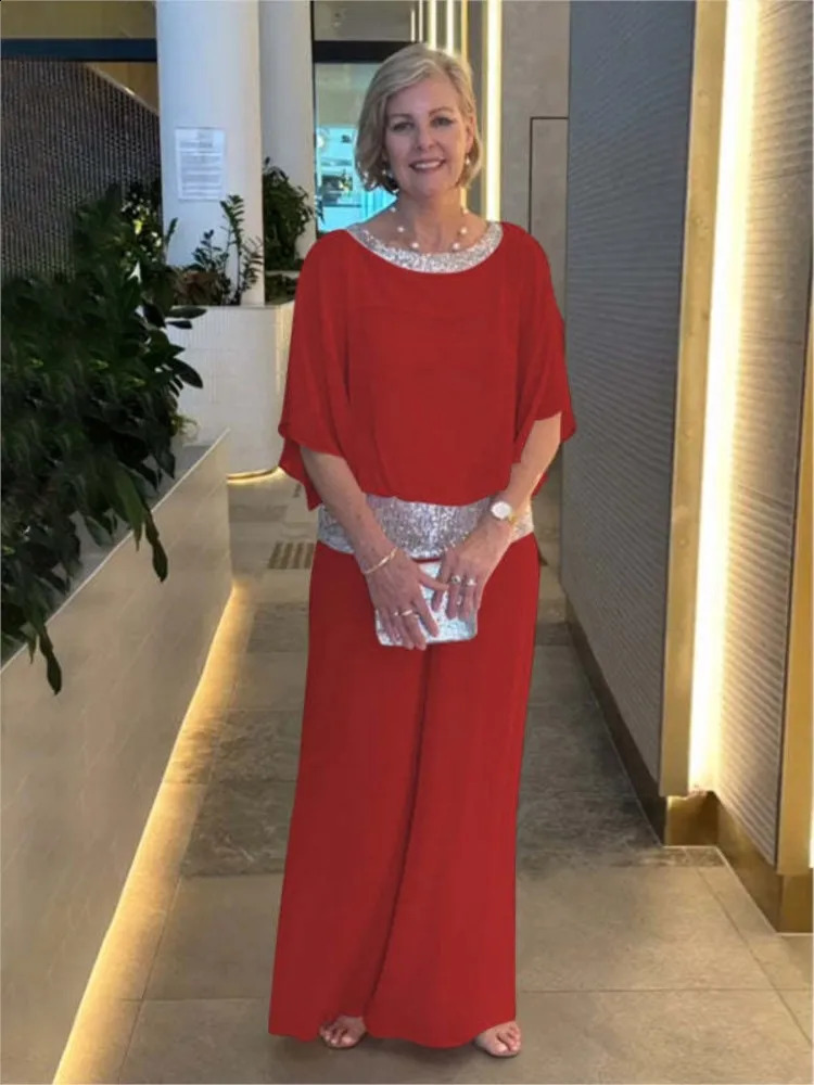 Fashion Sequin Splicing Chiffon Shirt Womens Suit Bat Short Sleeve Wide Leg Pants Summer Elegant Female Office 2 Piece Set 240927