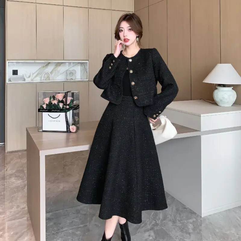 High Quality French Two Piece Set Women Tweed Solid Simple ONeck Long Sleeve Jacket CoatHigh Waist Skirt Suit Autumn Clothes 240926