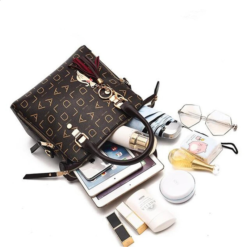 Fashion English Letter Handbag Women PU Leather Tassel Top-handle Bag Shoulder Bag Large Capacity Lady Tote Purse 250407