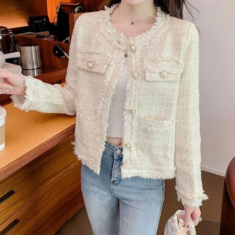 Womens Clothing Round Neck Long Sleeved Wool Coat Single Breasted Tweed Jacket Korean Fashion Crop Top Spring And Autumn