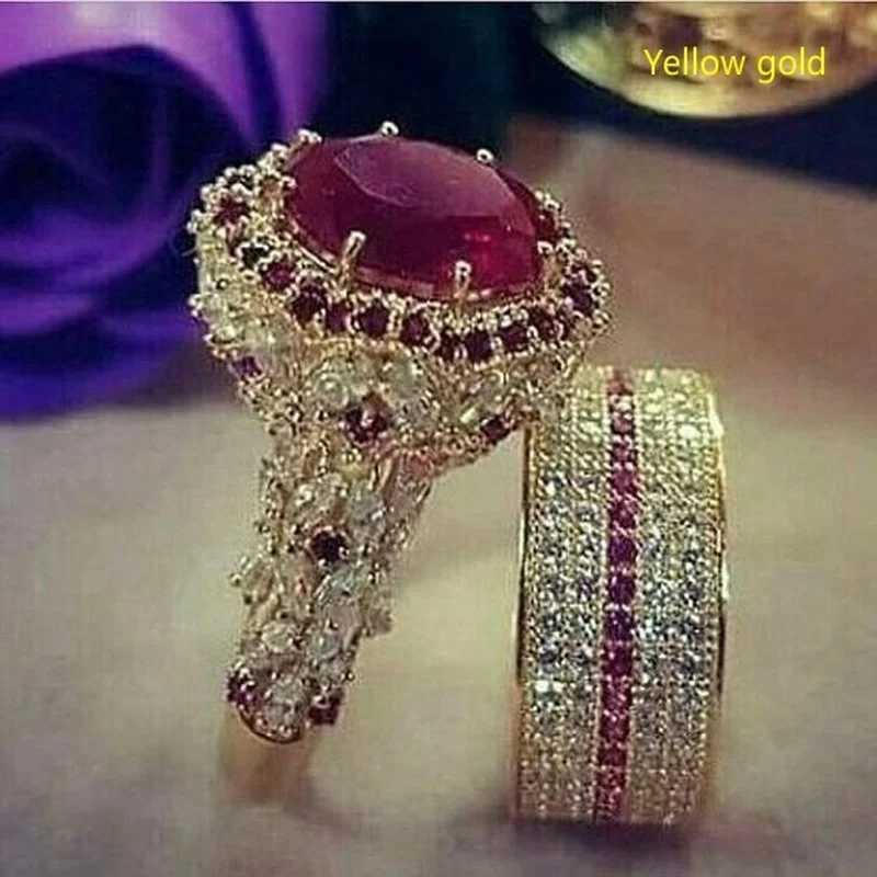 Elegant Gold Color Hip Hop Ring for Women Fashion Inlaid Zircon Red Stones Wedding Rings Set Party Bridal Engagement JewelryX240926