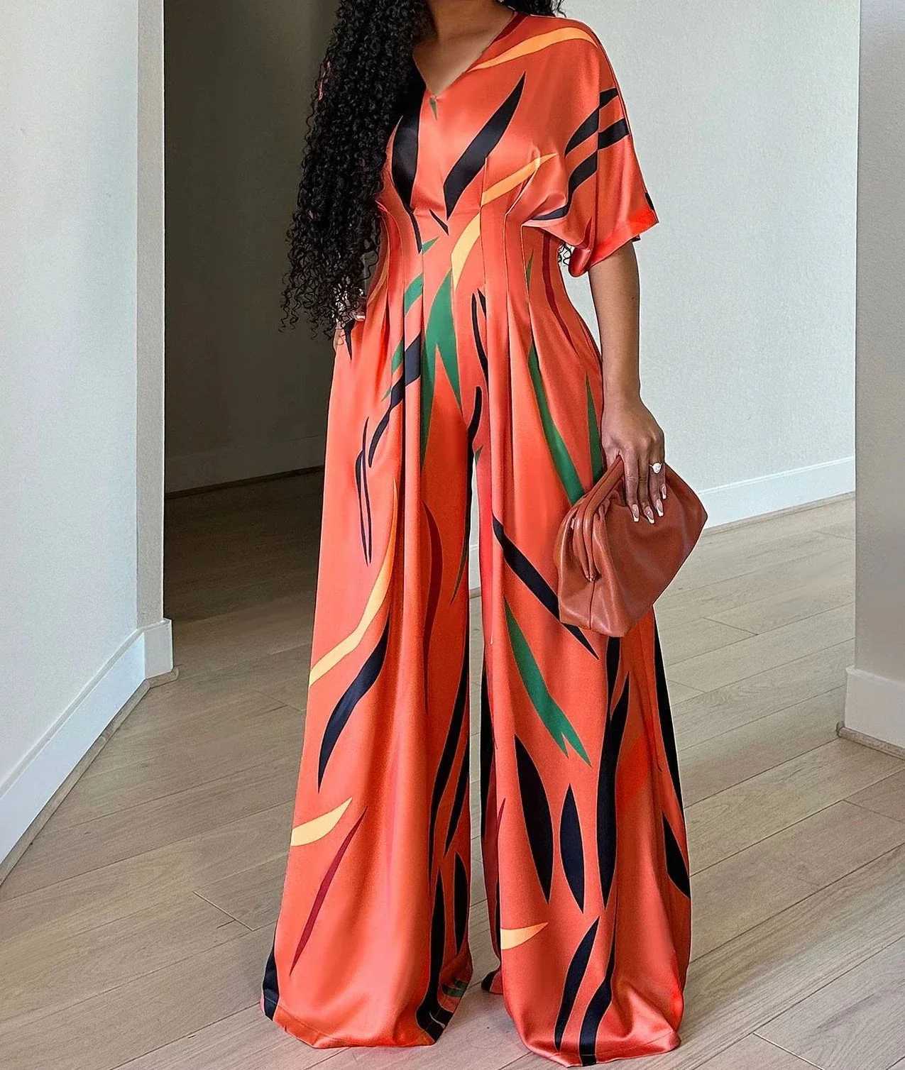 Jumpsuit women Fashion Spring New Print Half Sleeve V-Neck Wide Leg Loose Casual Temperament Jump suits Casual Overalls M240926