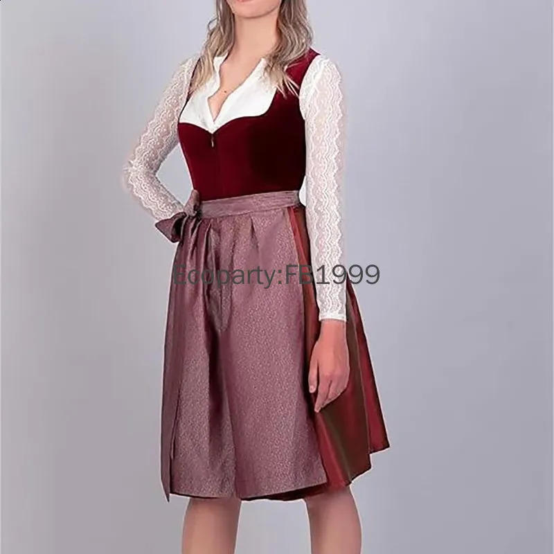 Womens German Beer Girl Role Playing Costume Bavarian Beer Festival Red Velvet Dirndl Dress with Apron Carnival Party Costume 240927
