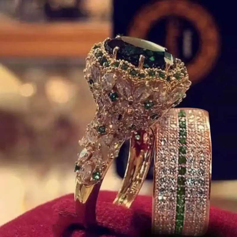 Elegant Gold Color Hip Hop Ring for Women Fashion Inlaid Zircon Red Stones Wedding Rings Set Party Bridal Engagement JewelryX240926