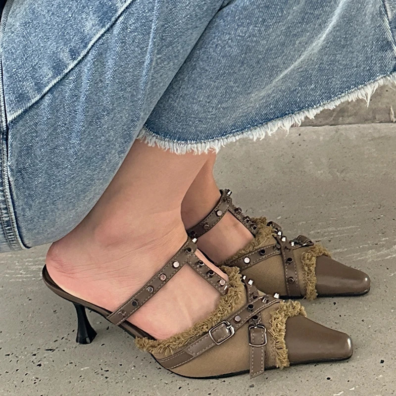 New sexy T-shaped strap womens high heels womens slider angle toe mule rivet womens thin high heels shoes 240925