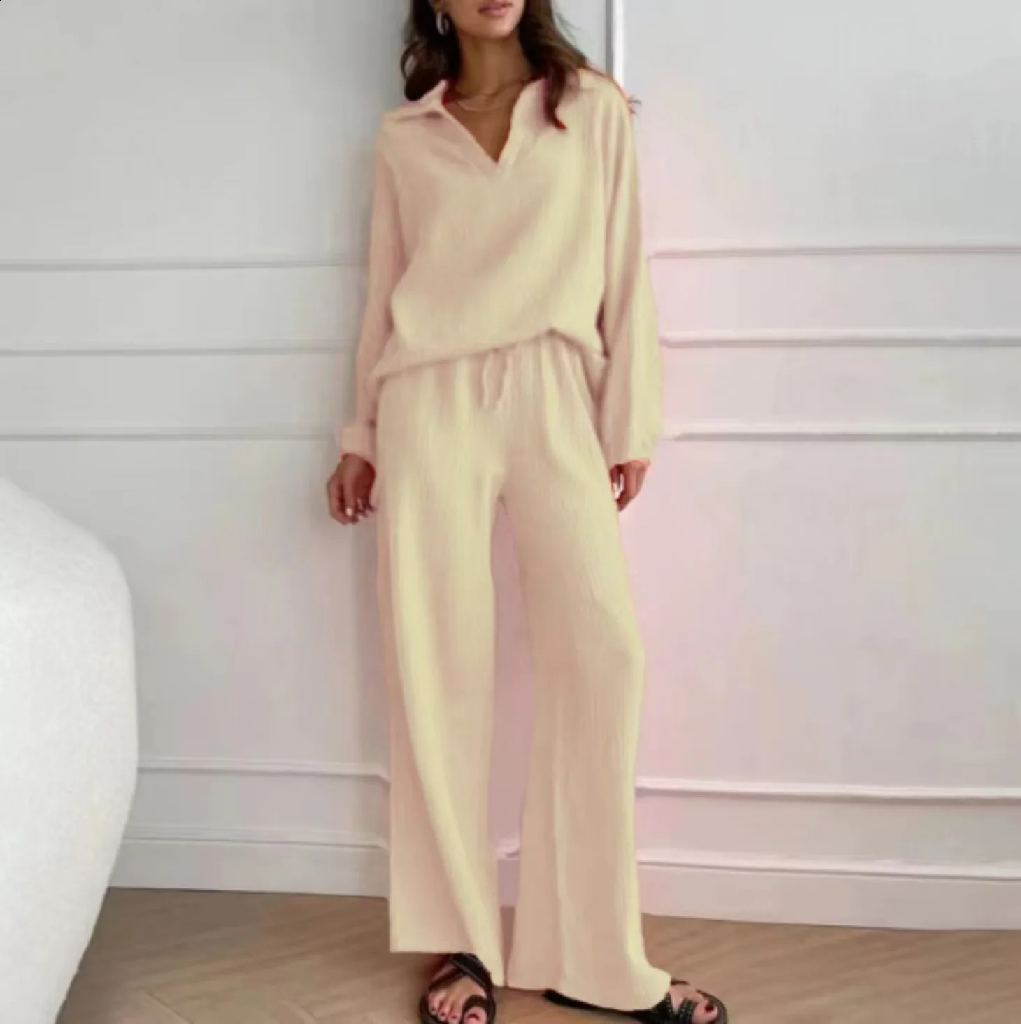 Casual long sleeved top and pants set for women fashion V-neck shirt wide leg pants two-piece set elegant womens clothing 240927