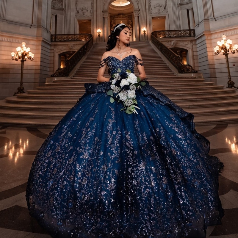 Navy Blue Quinceanera Dresses Ball Gown Off The Shoulder Sequin Lace Applique Beaded Tull Corset Sweet 16 Dress Vestidos De 15 Anos