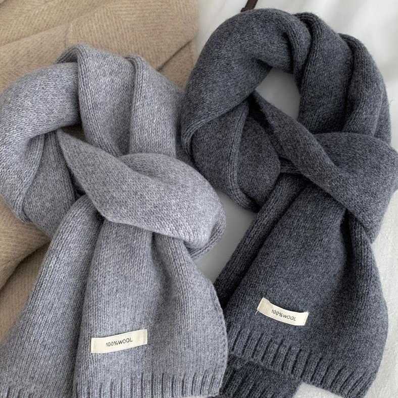 Grey pure wool scarf~High quality black grey pure Australian wool warm knitted scarf for men and women winter scarf Y240927