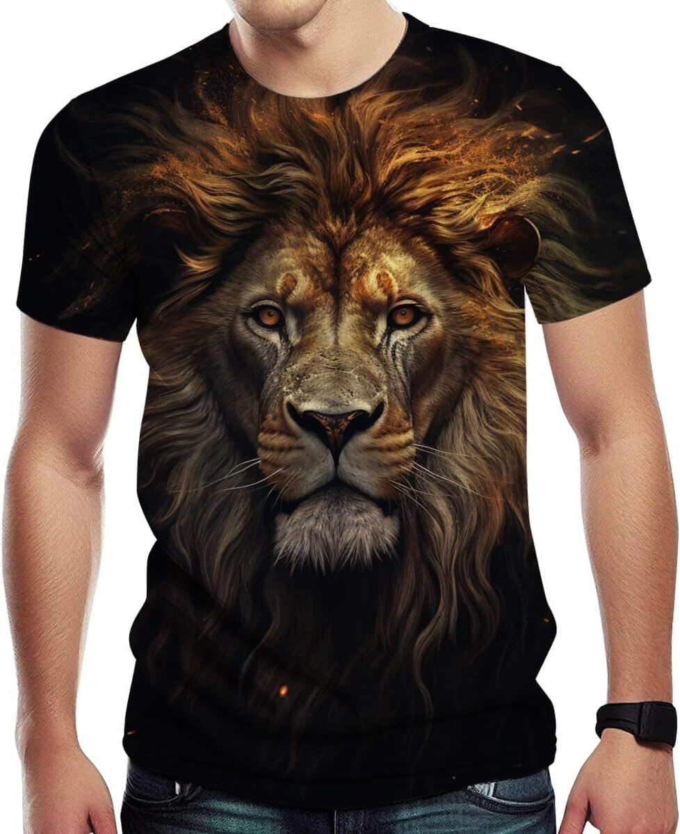 Mens T shirt Men's Lion Print Crew Neck Short Sleeve T-Shirt tee Casual tops summer clothes animal print