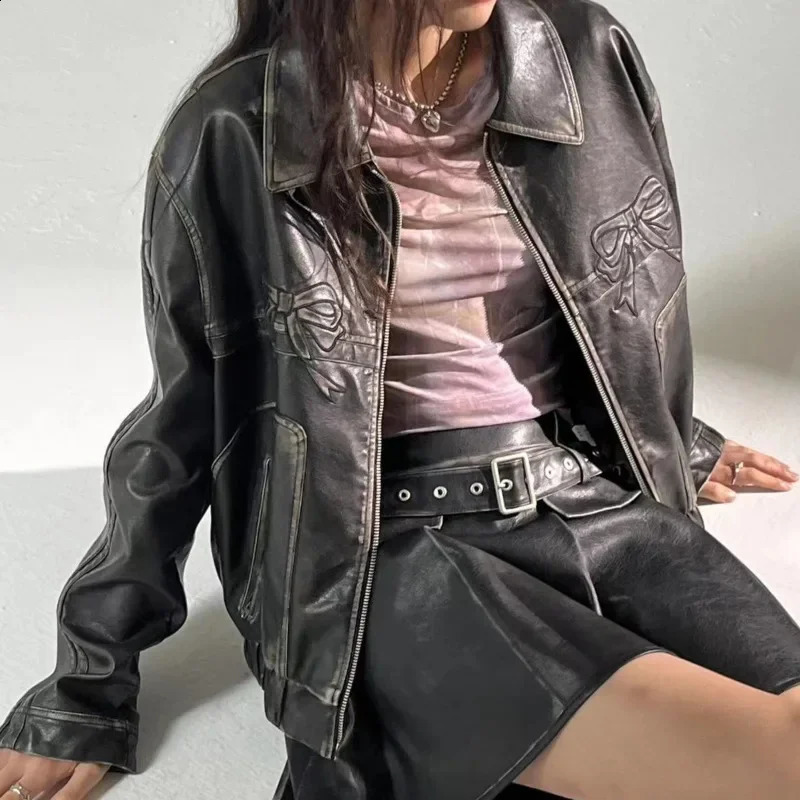 Y2k motorcycle bow PU leather jacket street zipper oversized jacket retro jacket womens casual womens clothing 240927