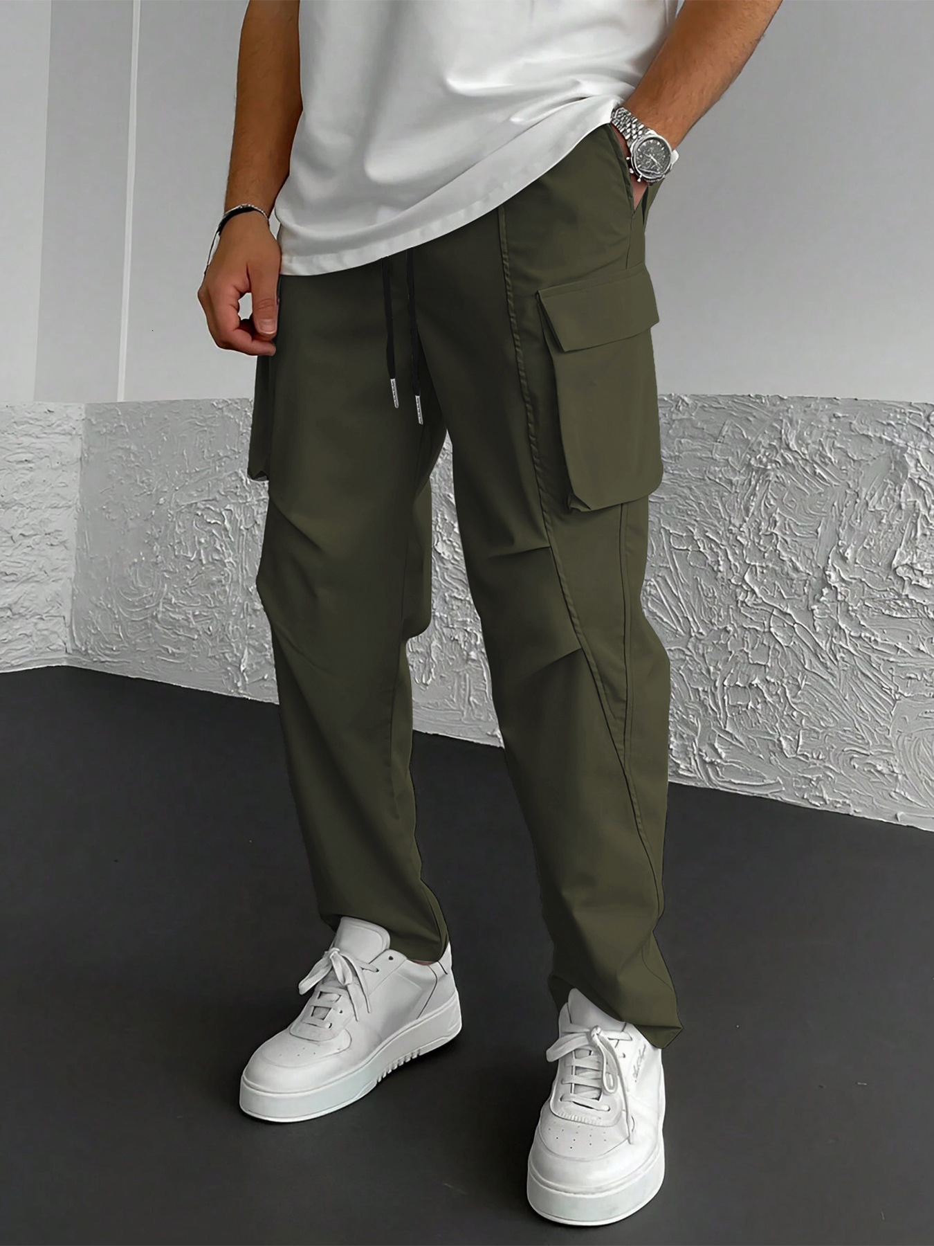 Men's Cargo Pants With Flap Pockets, Side Drawstring Waist